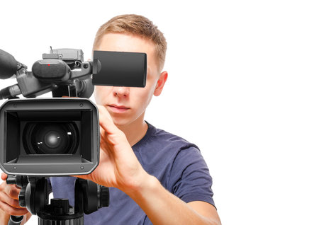 Video camera operator isolated on white background