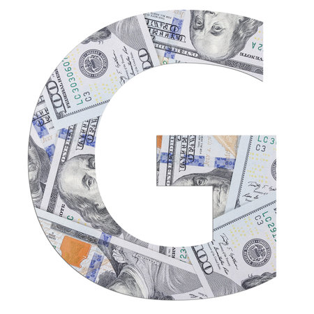 Alphabetic letter G. Dollars background over white.の写真素材