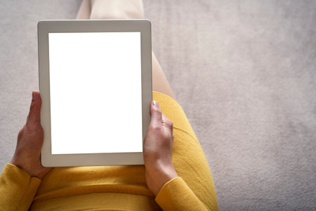 Woman on the sofa with tablet pc in hands. Toned photo.