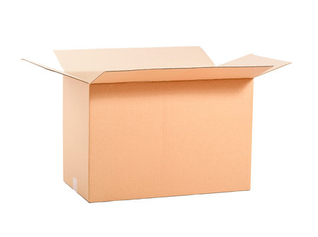 Opened cardboard box Isolated on white background.