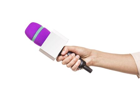 Hand Holding Microphone for Interview. Isolated on white.の写真素材