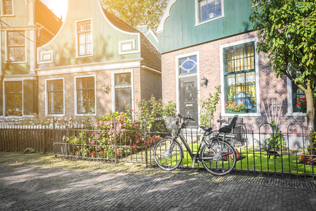 Retro style bicycle in Holland. Country village in the Netherlands.の写真素材