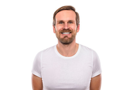 Man dressed in a white T-shirt isolated on white background.