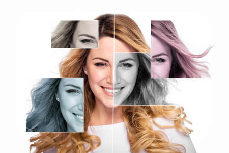 Attractive blonde smiling woman portrait over white background.  Plastic surgery concept.の写真素材