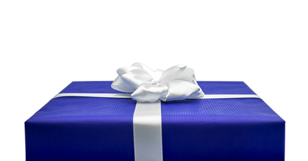 Red gift box with white ribbon. Isolated on white background.の写真素材