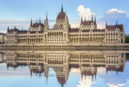 Parliament of Hungary at sunset in Budapest.の写真素材
