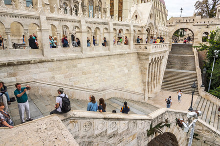 BUDAPEST, SEPTEMBER 18: Tourists on the Trinity Square near Fisherman's Bastion on September 18, 2016 in Budapest, Hungary.のeditorial素材