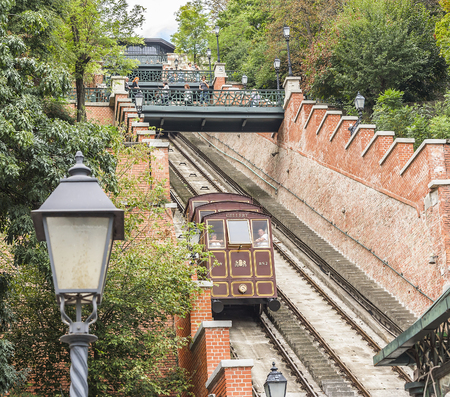 BUDAPEST, SEPTEMBER 18: Modular cabins cable car on Castle Hill on September 18, 2016 in Budapest, Hungary.のeditorial素材