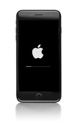 UZHGOROD, UKRAINE - DECEMBER 15, 2016: New black iPhone 7 Plus from the company Apple on a white background, studio photo, on December 13, 2015 in Uzhgorod, Ukraine.のeditorial素材