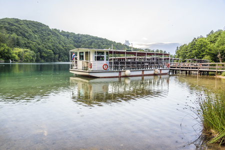 CROATIA PLITVICE, 28 JUNE 2017: Pleasure boats on the pier in the Plitvice Lakes national park.のeditorial素材