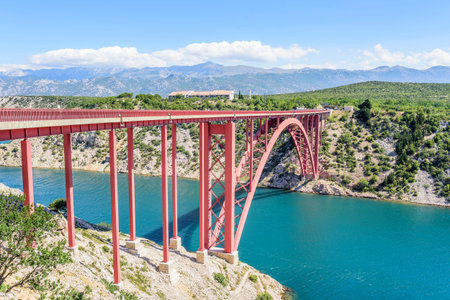 Red Maslenica Bridge in Croatia at summer day.の写真素材
