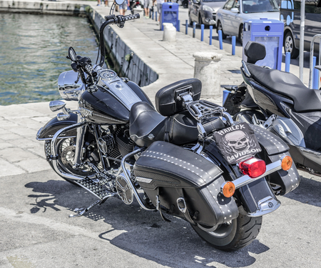 Motorcycle Harley Davidson parked in the city.のeditorial素材