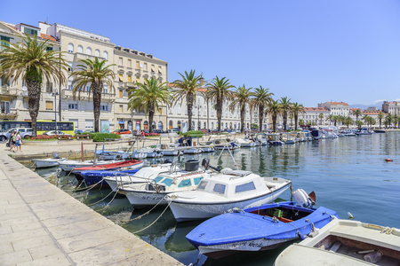View of the main embankment and moored boats.のeditorial素材
