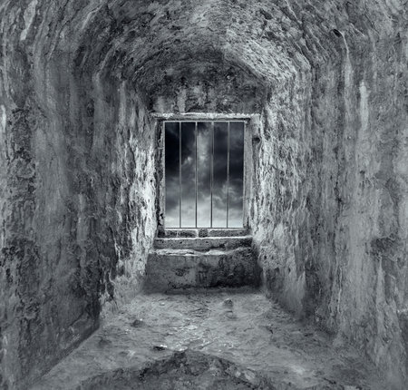 Stone dungeon with window and bars. Dark tones.