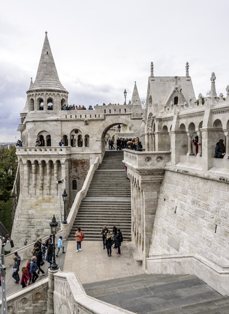 The building of the Fishermens Bastion and tourists in the city of Budapest.のeditorial素材
