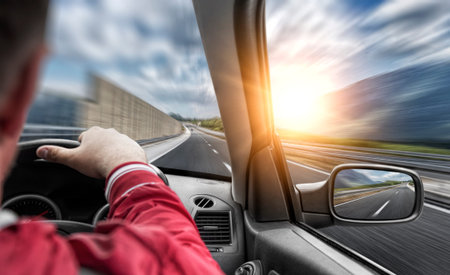 The driver rushes by car along the road. Speed race in motion.