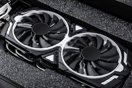 Computer gaming powerful graphic card close-up.