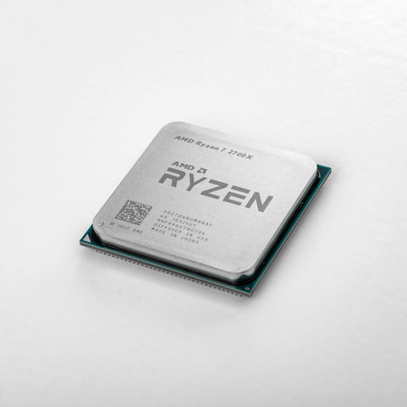 Box of Processor Ryzen 7 2700X on white background.