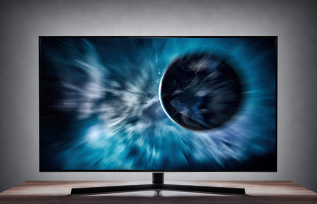 Space and planets on the TV screen as 3D video.
