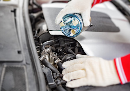 The specialist replaces the oil filter in the car.