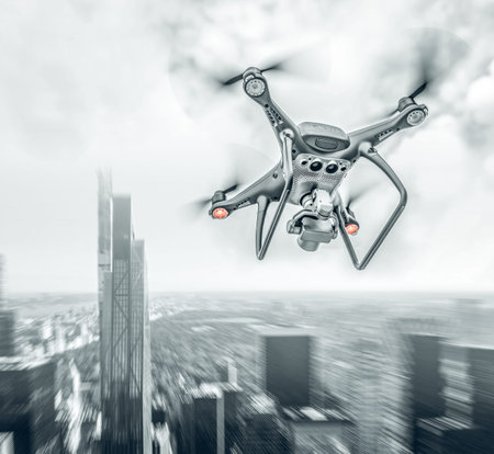 Drone flying in the big city.