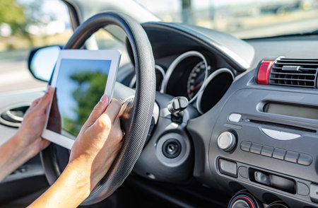 Young woman holding tablet computer sitting in the car.