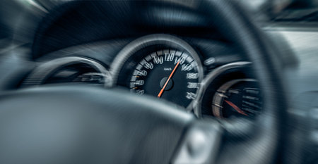Car speedometer. High speed on a car speedometer and motion blur.の写真素材