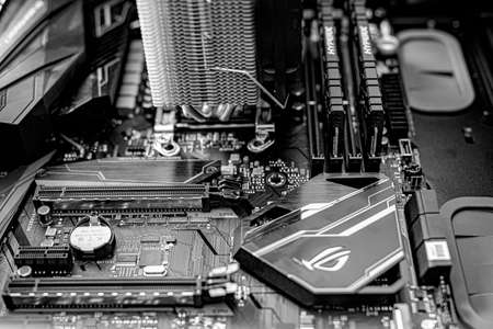 Computer installation. New processor Ryzen 7 and computer motherboard Asus rog crosshair hero, ddr and Nvidia GTXのeditorial素材