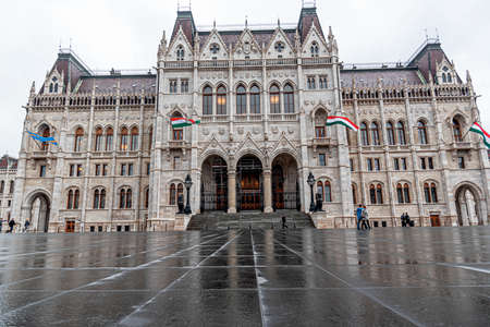 The Hungarian Parliament building on a rainy fall day in Budapest, the capital of Hungaryの写真素材