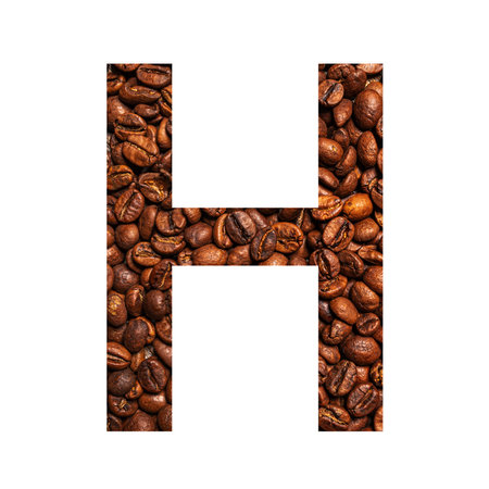 Letter H made from coffee beans isolated on white backgroundの写真素材