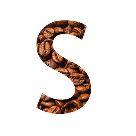 Letter S made from coffee beans isolated on white backgroundの写真素材