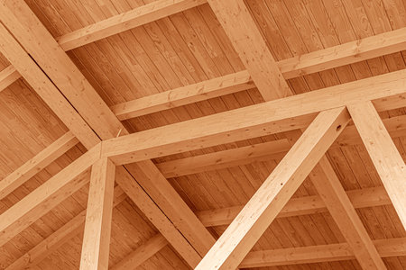 Wooden roof structure. Glued laminated timber roof.