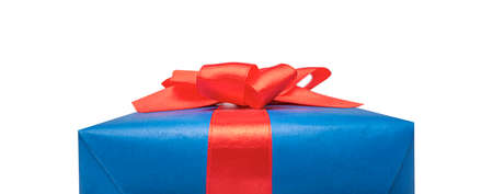 Blue gift box with red ribbon isolated on white.の写真素材