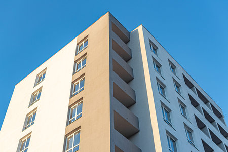 Building element of an apartment building in the city. Apartment house.