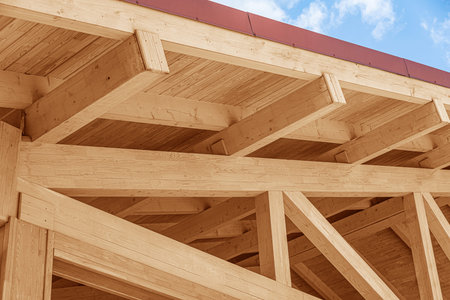 Wooden roof structure. Glued laminated timber roof.