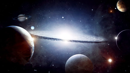 Planets and galaxy in outer space.