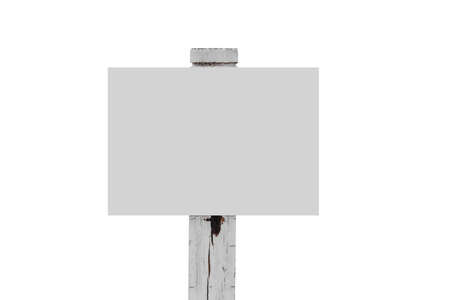 White plate on a wooden post isolated on white.の写真素材