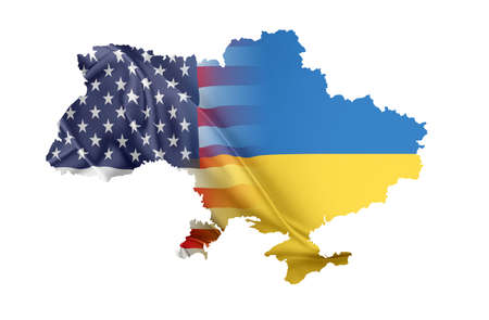 Map of Ukraine with flags of Ukraine and USA.の写真素材