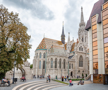 Tourists on the Trinity Square near Fishermans Bastion on September 18, 2016 in Budapest, Hungary.のeditorial素材