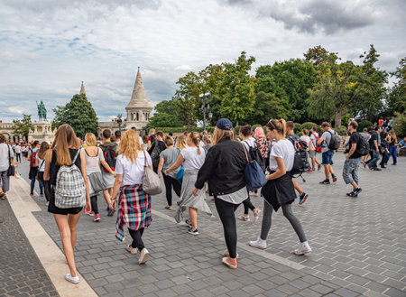 Tourists on the Trinity Square near Fishermans Bastion on September 18, 2016 in Budapest, Hungary.のeditorial素材