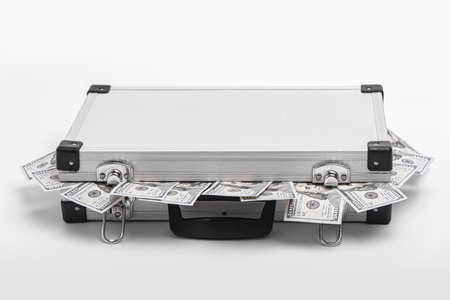 Suitcase with money on a white background.