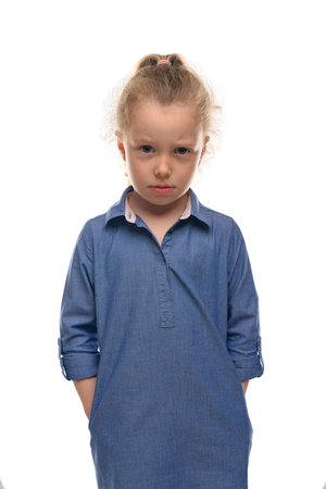 Sad little girl isolated on white.