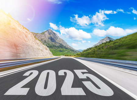 Asphalt road with the number 2025 New Year.