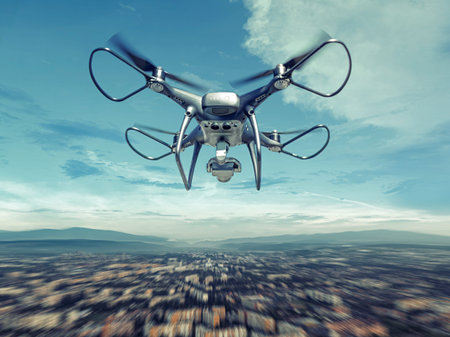 Drone in motion over the city.