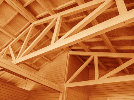 Close-up of wooden roof structures.の写真素材