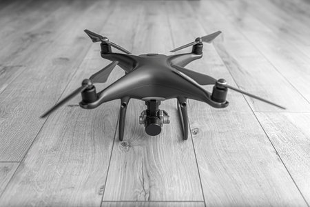 Dark drone on wooden background.の写真素材