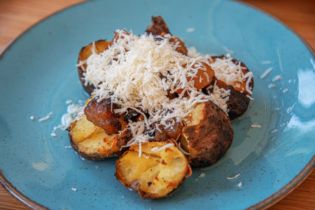 A plate of roasted potatoes with crispyの写真素材