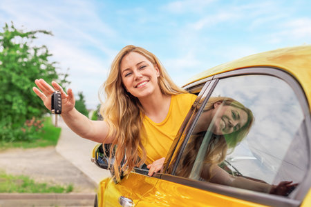 A smiling blonde woman leans out of a yellow car window, holding car keys in her hand, radiating joyの写真素材