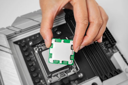 A persons hand holds a green microchip above a computer motherboard