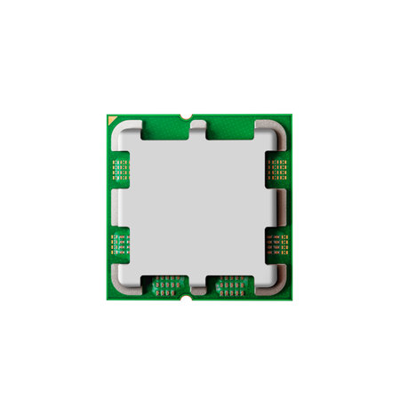 Square green microchip module showing its intricate circuitry and contact pads